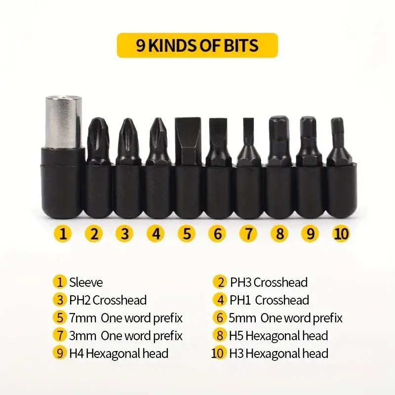 Set of screwdriver bits with different head types and sizes.