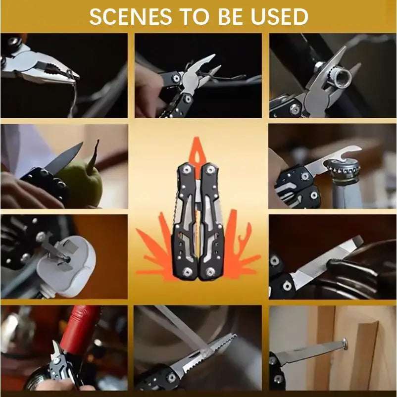 Multi-tool pliers with various attachments and functions shown in different usage scenarios.