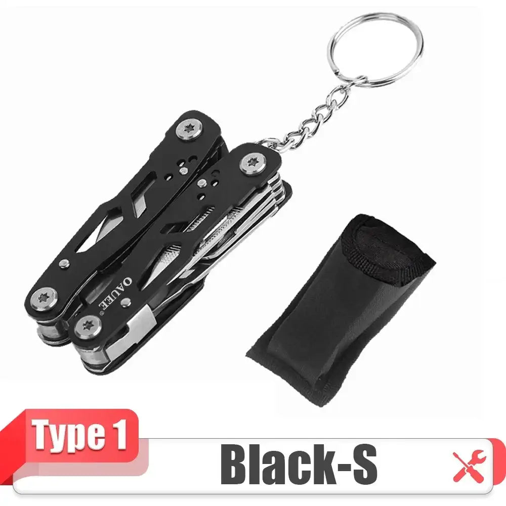 Black multi-tool with keychain attachment and carrying case.