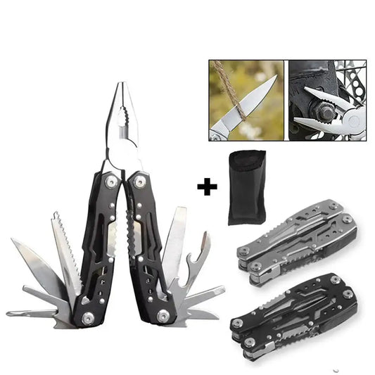 Multi-tool pliers with various folding implements and attachments.