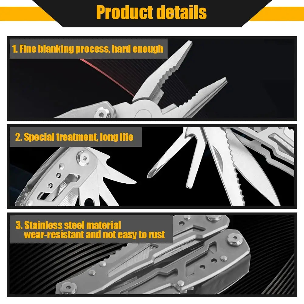 Multi-tool pliers with various integrated tools and functions.