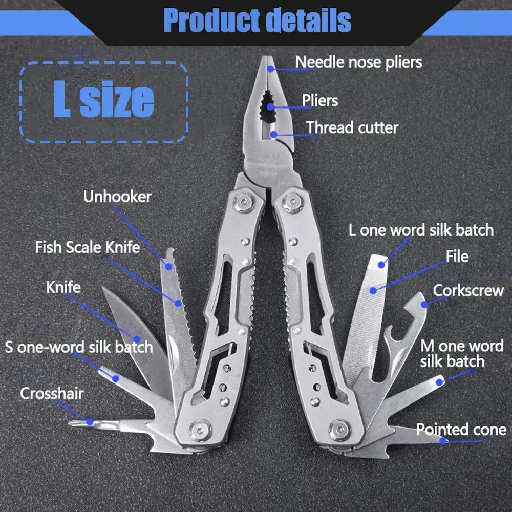 Multi-tool pliers with various integrated tools and attachments.