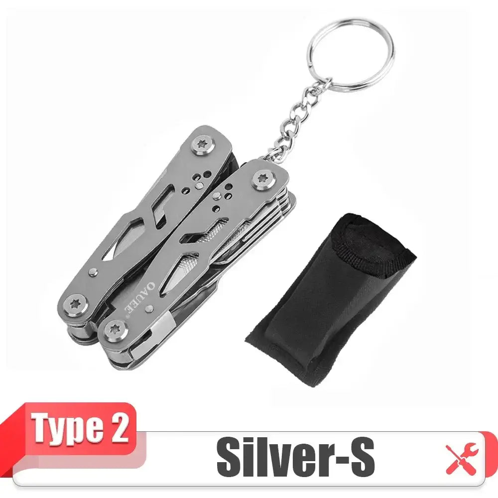 Multi-tool keychain with pliers and folding implements alongside a black storage pouch.