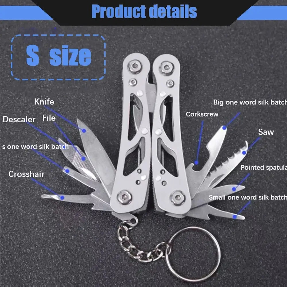 Multitool with various folding implements attached to a keychain.