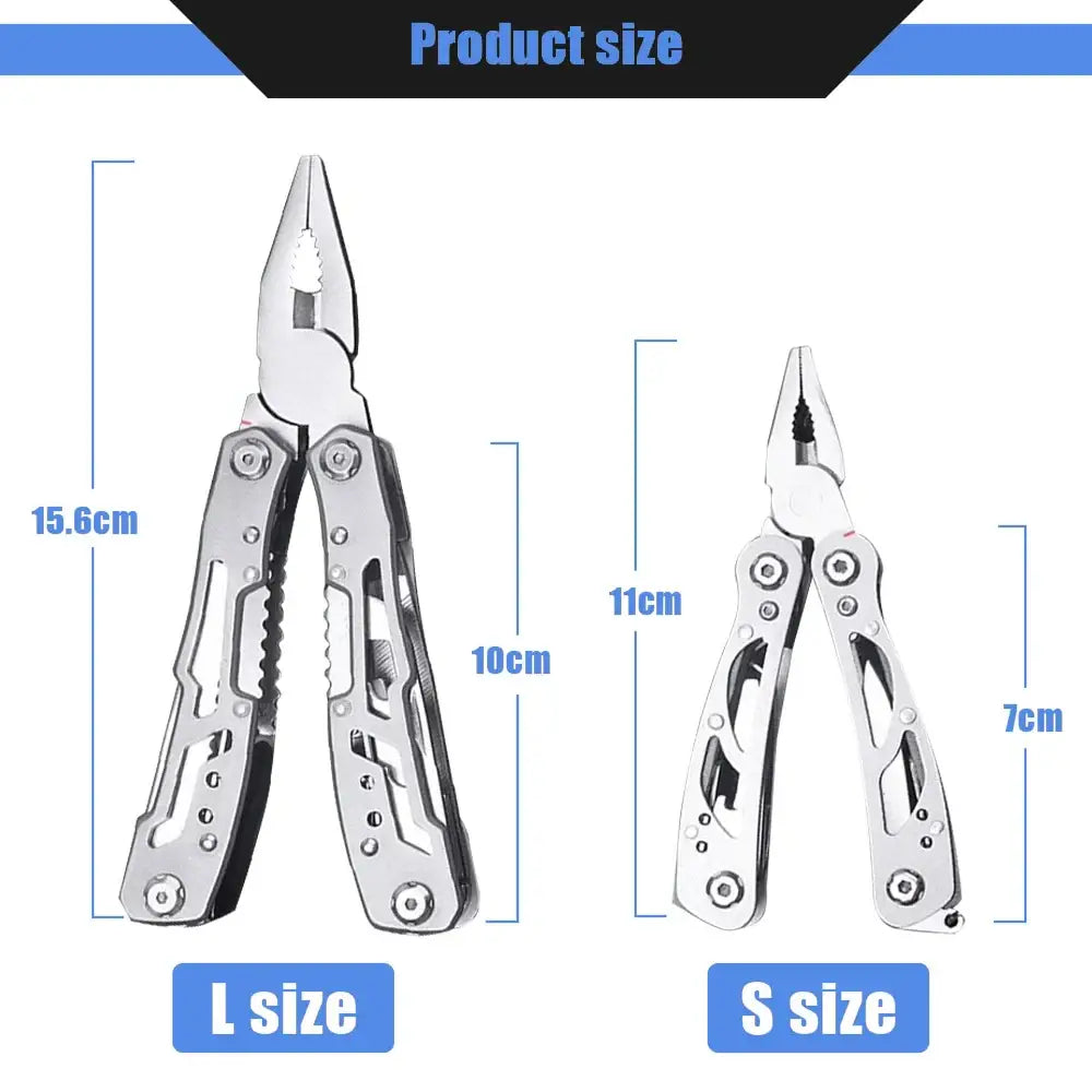 Multi-tool pliers shown in two different sizes.