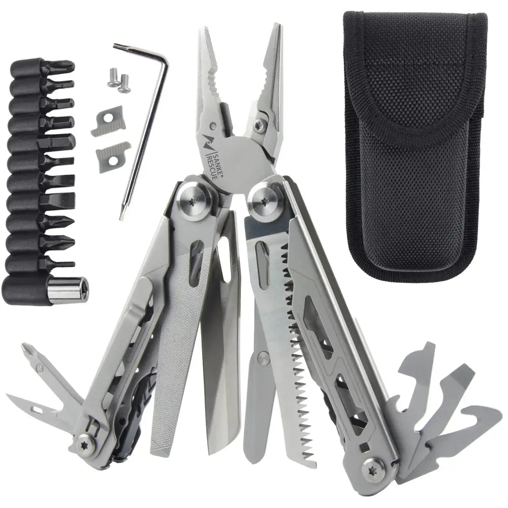 Multi-tool pliers with various attachments and a carrying case.