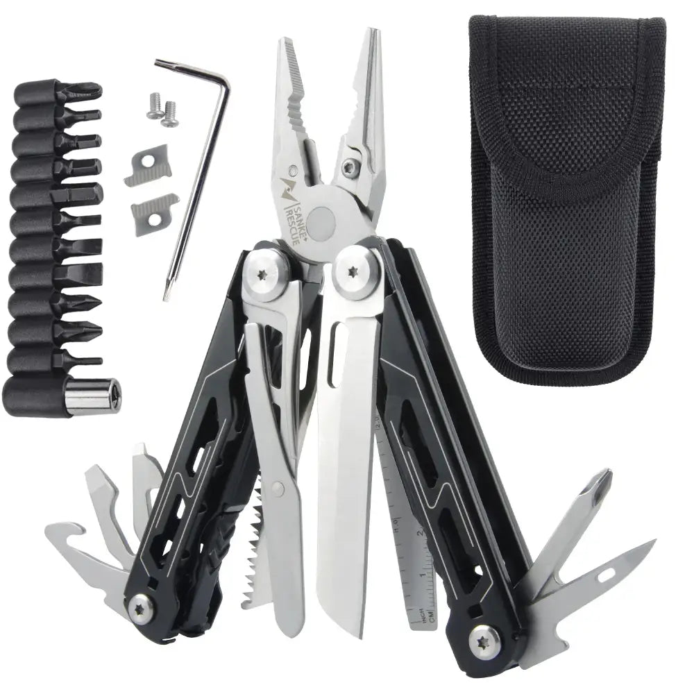 Multi-tool pliers with various attachments and a carrying case.