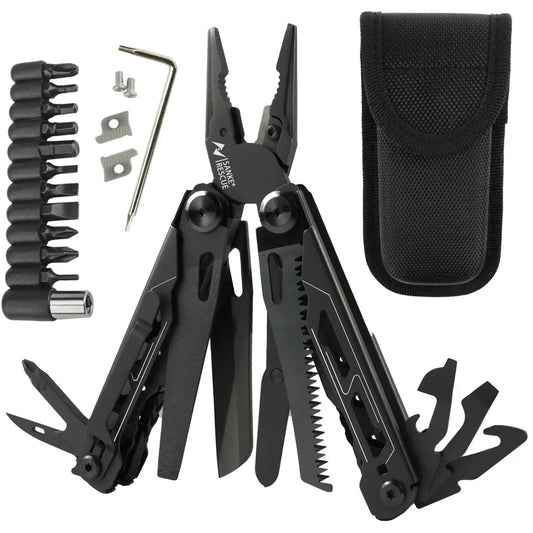 Multi-tool pliers with various attachments and a carrying case.