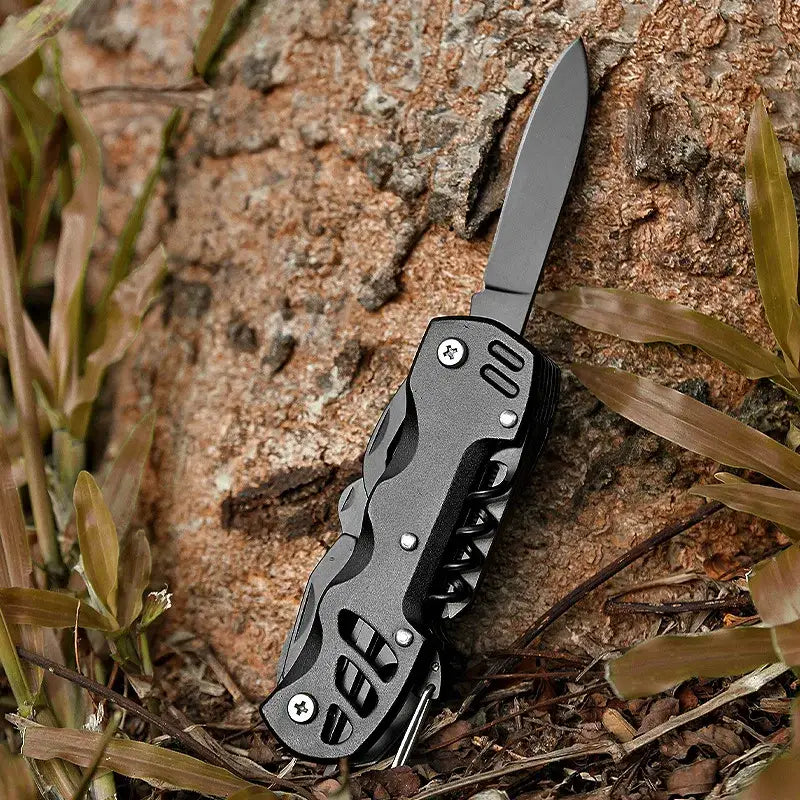 Folding pocket knife with a black handle and silver blade.