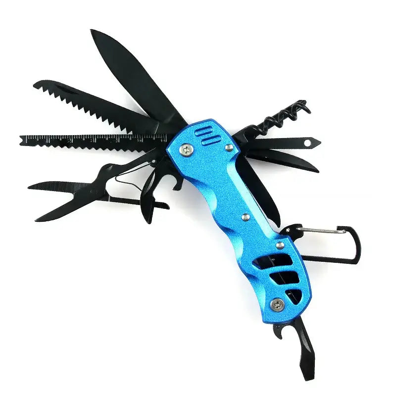 Multi-tool with a blue handle and various folding implements including blades and pliers.