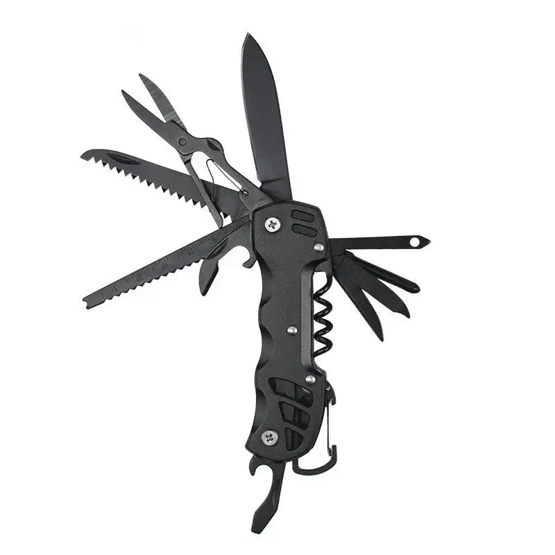 Multi-tool pocket knife with various folded-out implements.