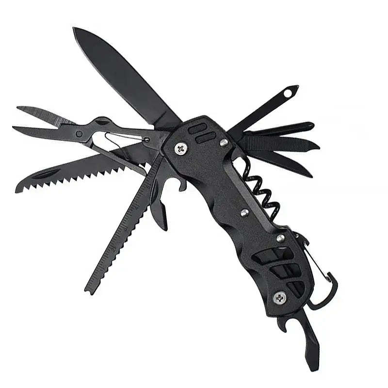 Multi-tool pocket knife with various folded-out implements.