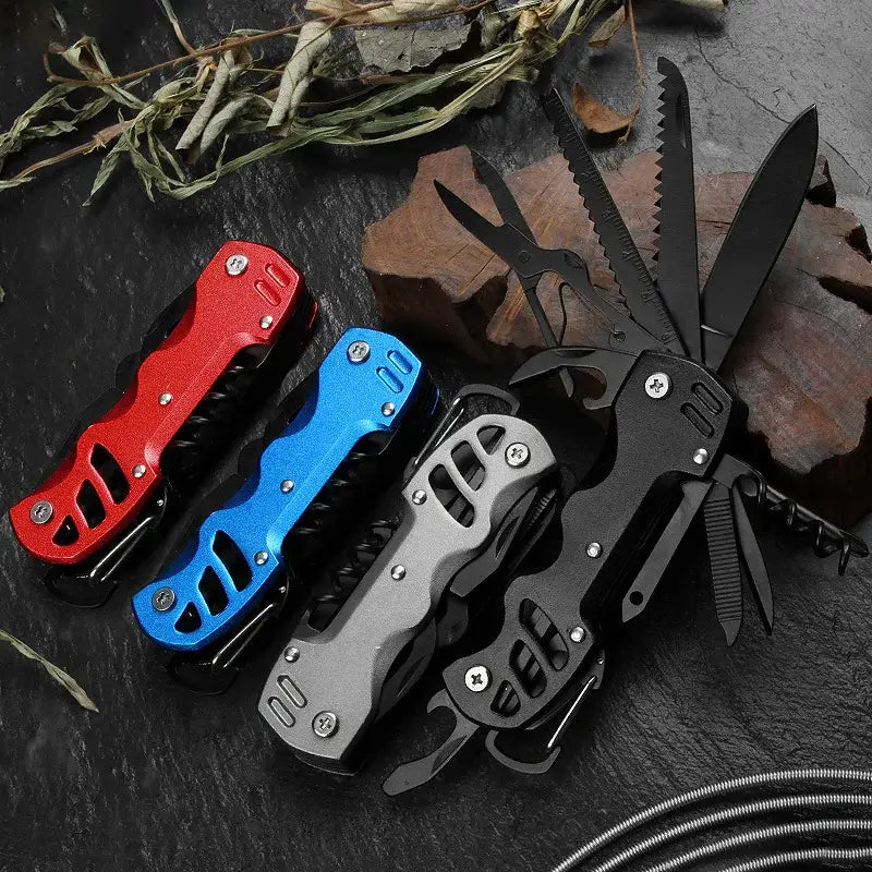 Four folding multi-tool knives in red, blue, silver, and black colors.