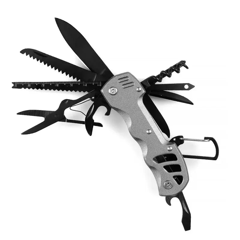 Multi-tool with various folding implements including blades, saws, and pliers.