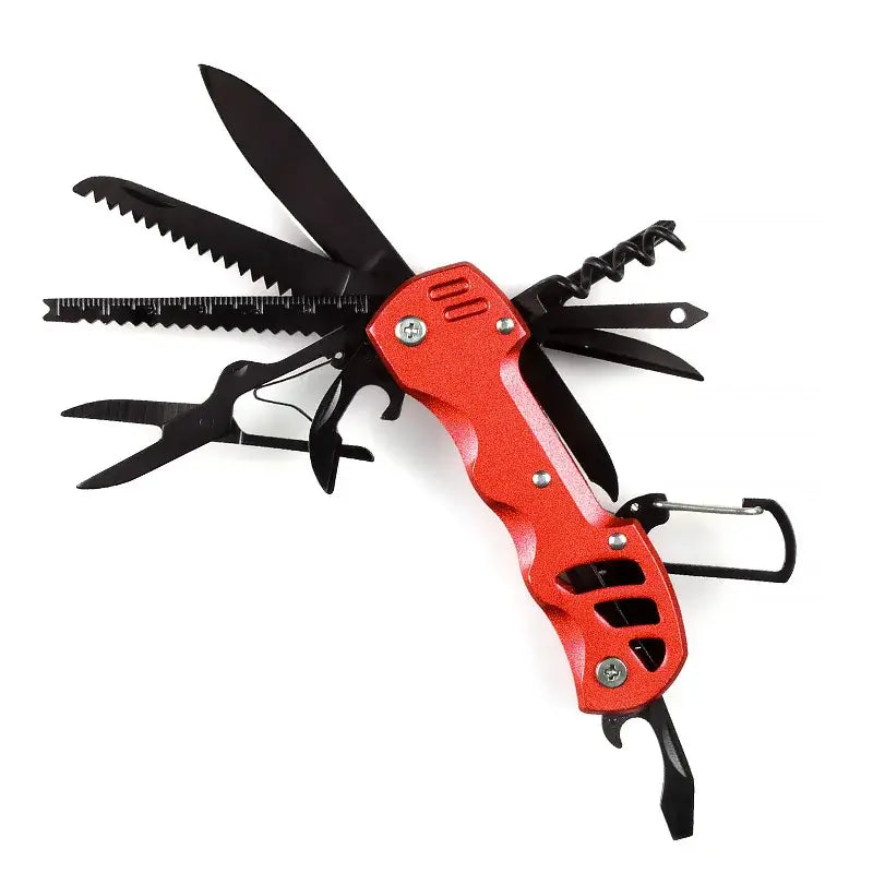 Multi-tool with red handle and various folding implements including blades and pliers.