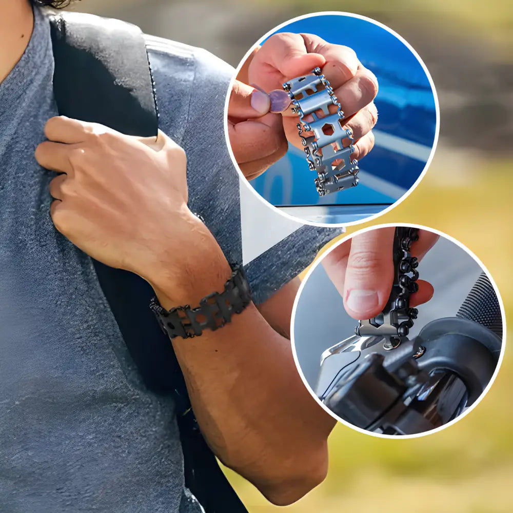 Multifunctional bracelet tool with various attachments for everyday tasks.