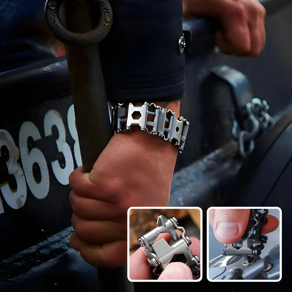 Multi-tool bracelet with various built-in tools and functions.