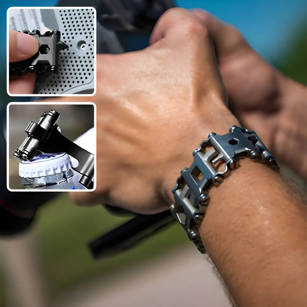 Multi-tool bracelet with various built-in tools and functions.