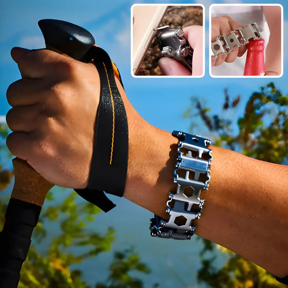 Wearable multi-tool bracelet with various tool attachments.