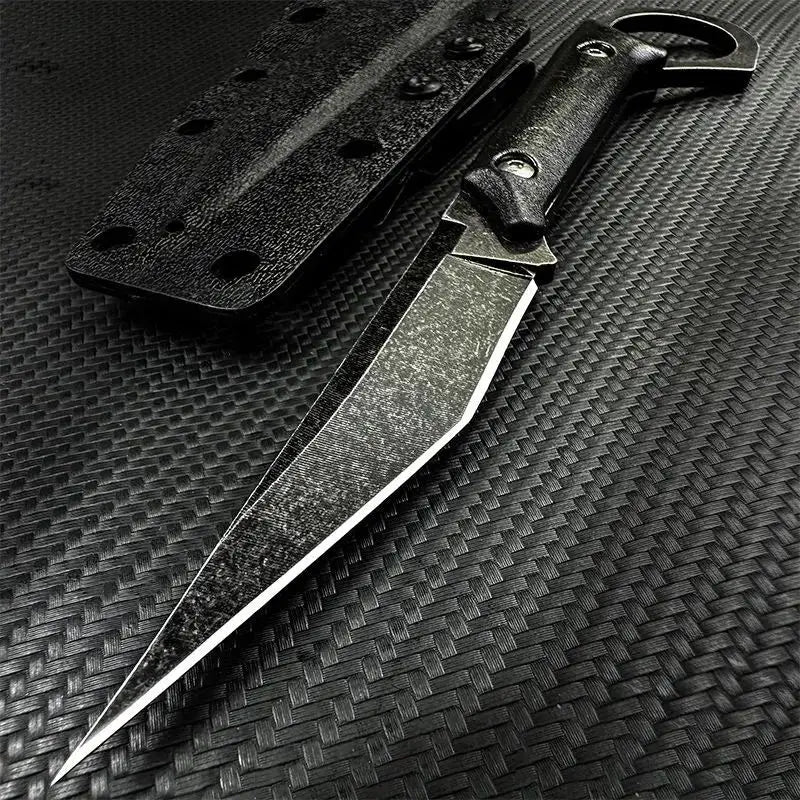 Fixed-blade tactical knife with a dark, weathered finish and textured handle.