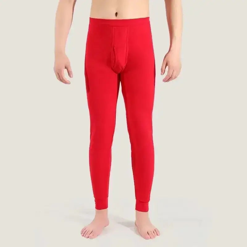 Bright red thermal underwear or long johns worn by a person.