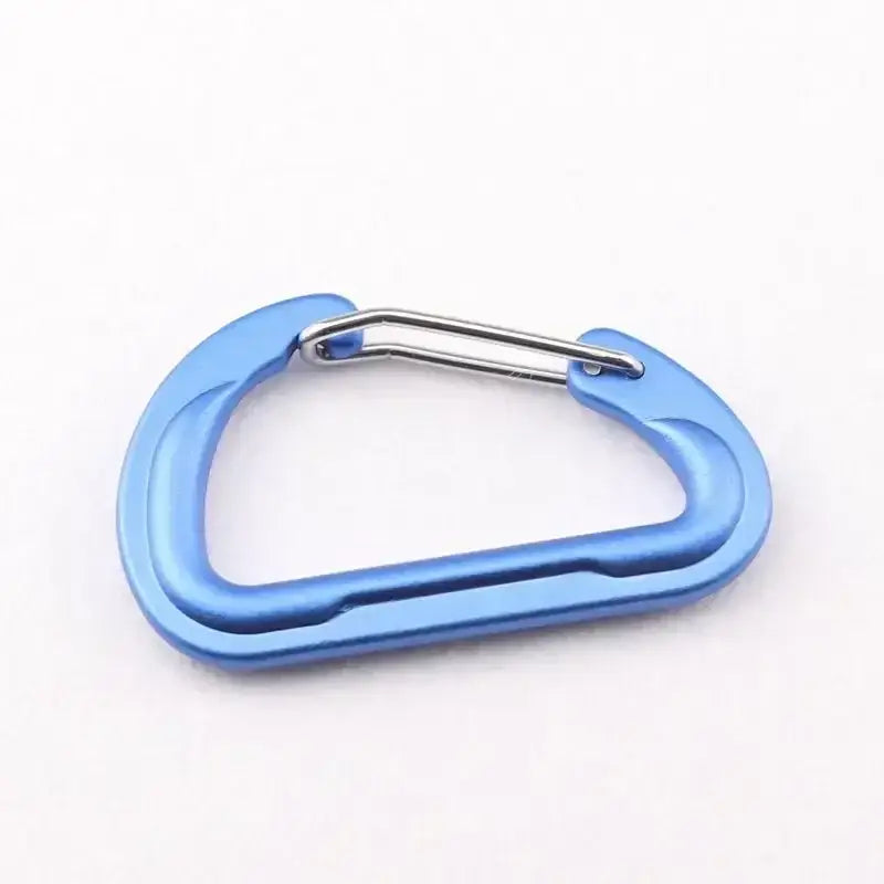 Blue carabiner with a silver metal gate.