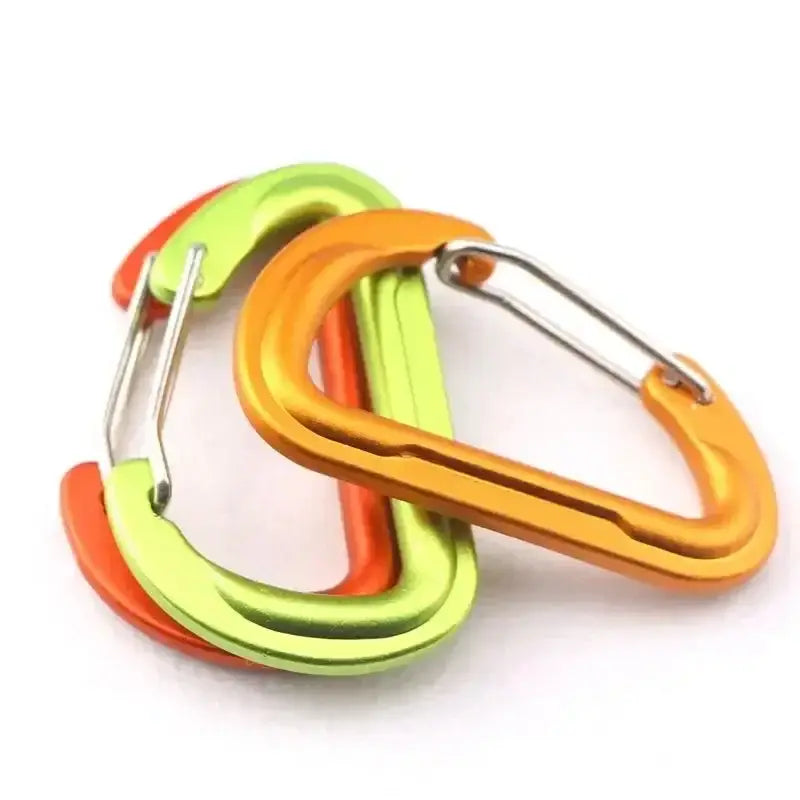 Colorful carabiners linked together in bright orange, green, and red.