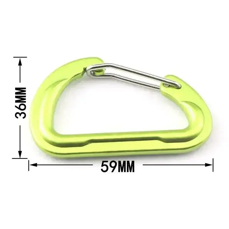 Neon yellow carabiner with dimensions labeled.