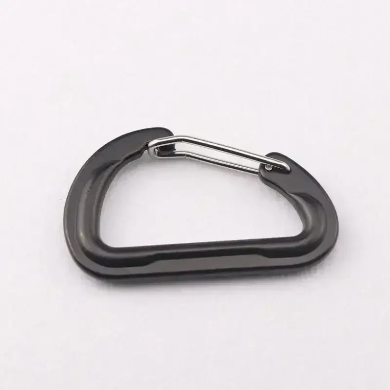 Metallic gray carabiner with a spring-loaded gate.