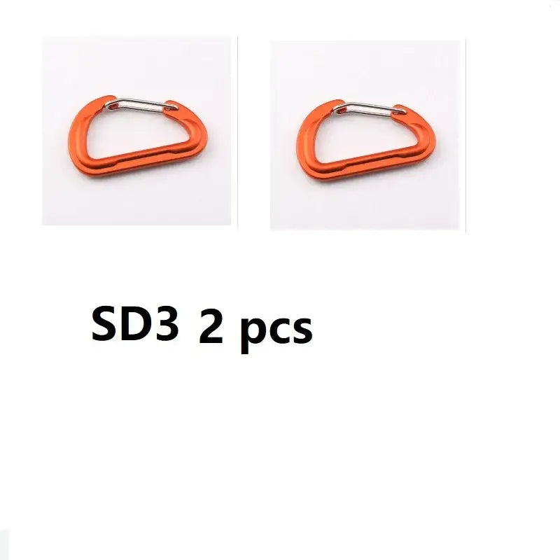 Orange carabiner clips with metal gates.