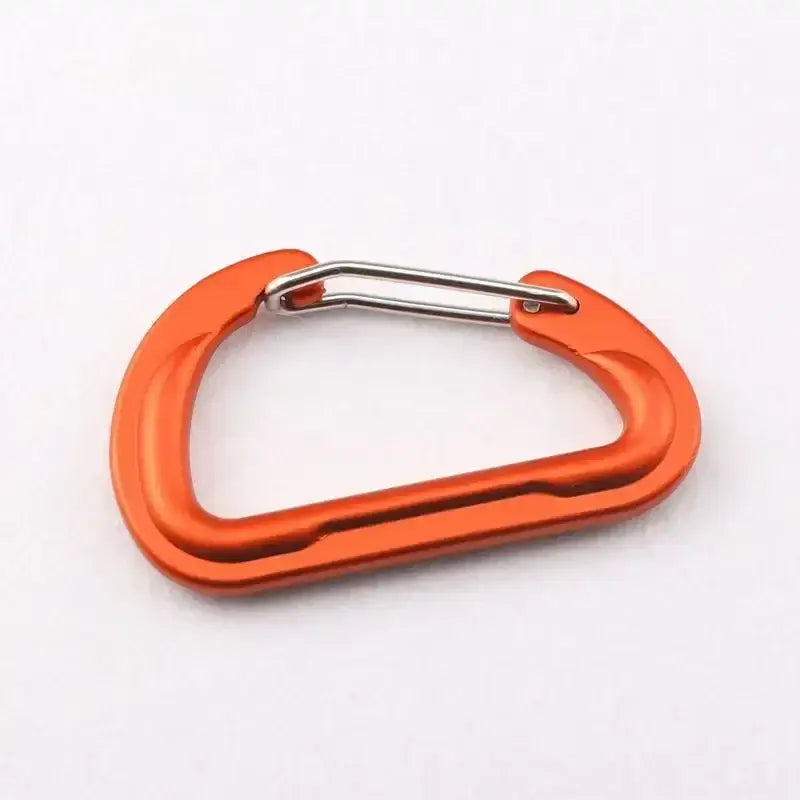 Orange carabiner with a metal gate.