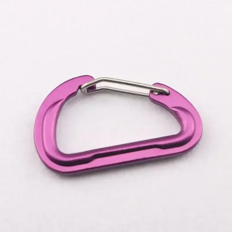 Pink carabiner with a wire gate.