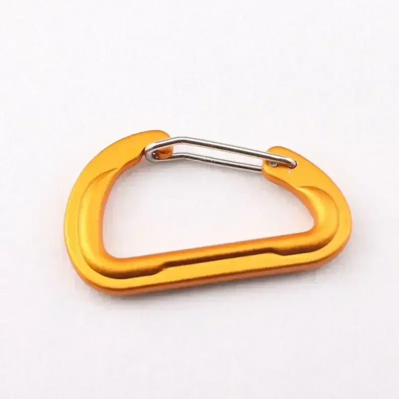 Yellow carabiner with a wire gate.