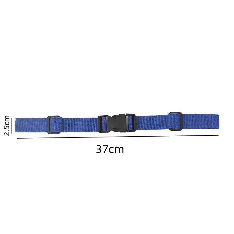 Blue adjustable strap with a black plastic buckle.