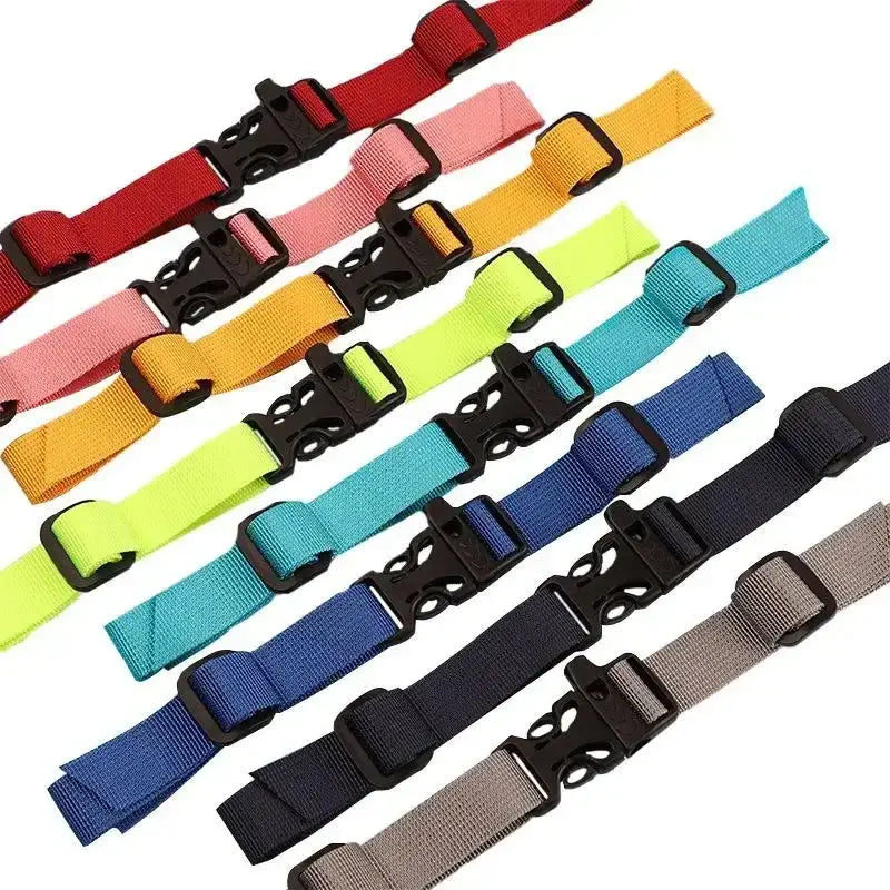 Colorful adjustable nylon straps with plastic buckles.