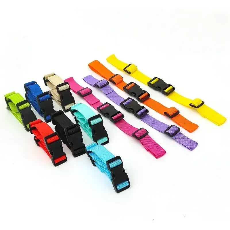 Colorful luggage straps with plastic buckles arranged in a row.