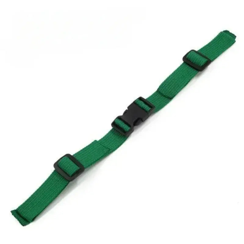 Green adjustable strap with black plastic buckles.