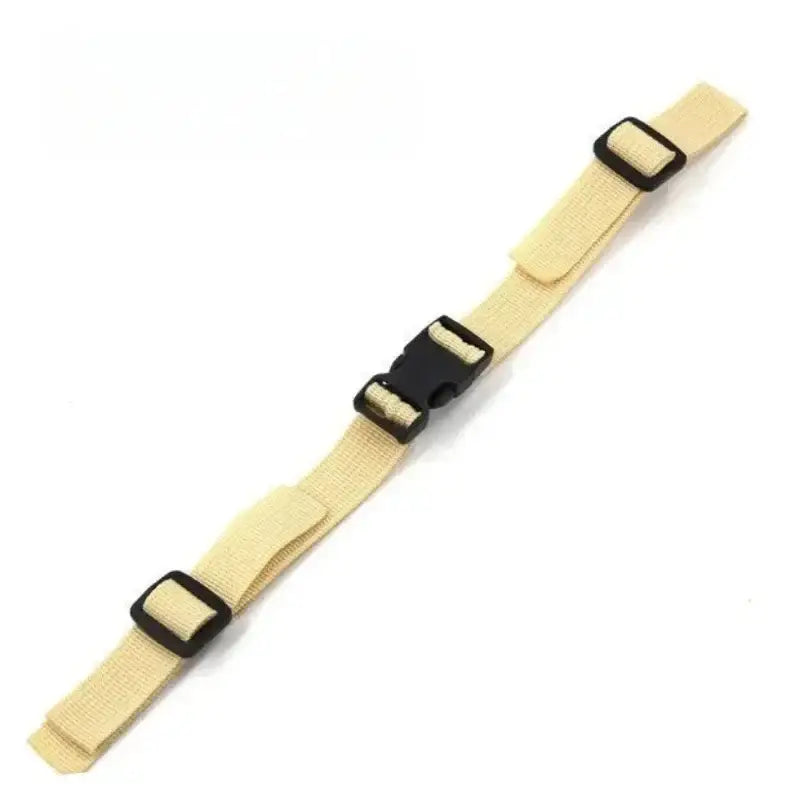 Pale yellow adjustable strap with black plastic buckles.