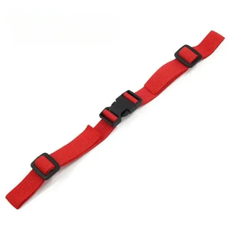 Red adjustable strap with black plastic buckles.