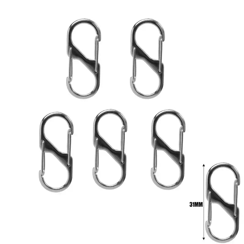 Metal S-shaped carabiners or clips with spring-loaded gates.