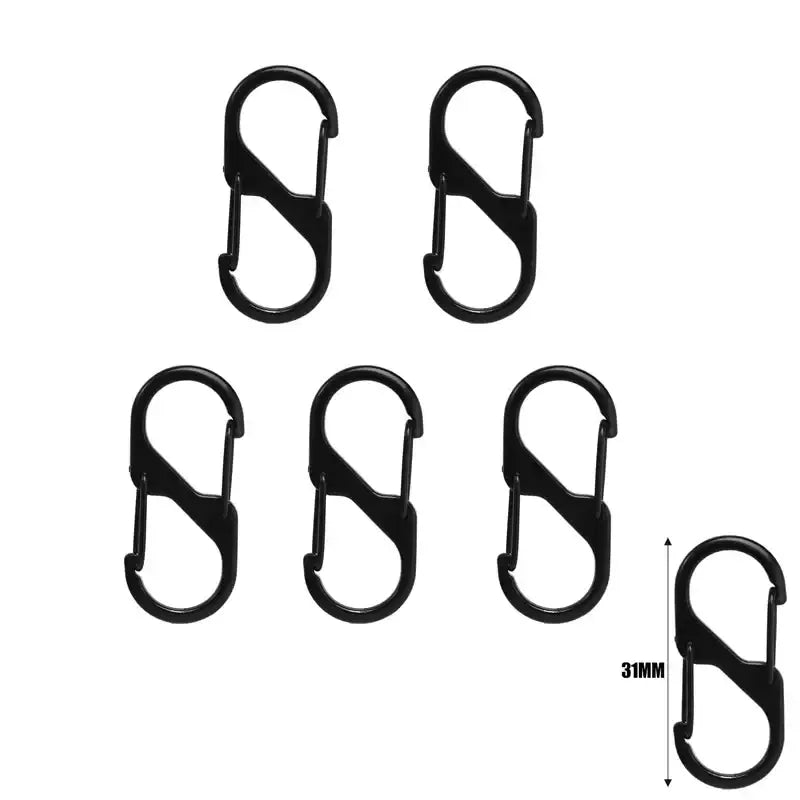 S-shaped carabiners or clips made of black material.