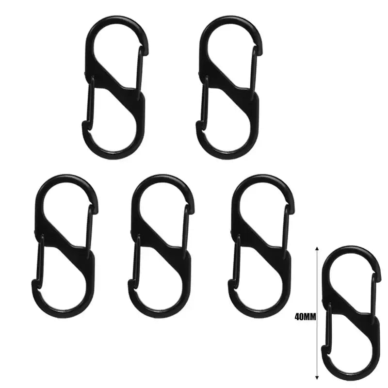 S-shaped carabiners or clips made of black material.