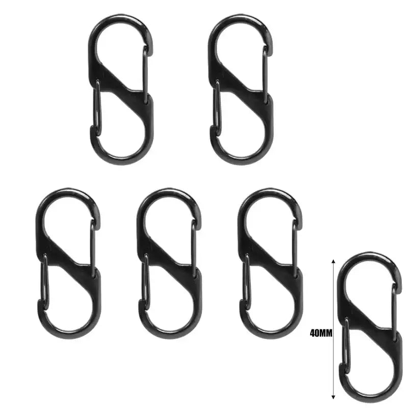 S-shaped carabiner clips with dual openings.