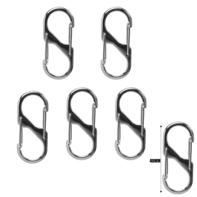 S-shaped metal carabiners or clips with spring-loaded gates.