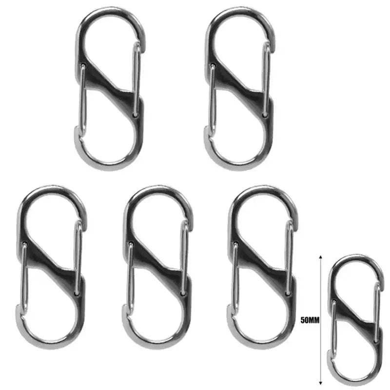 S-shaped metal carabiners or clips with dual openings.