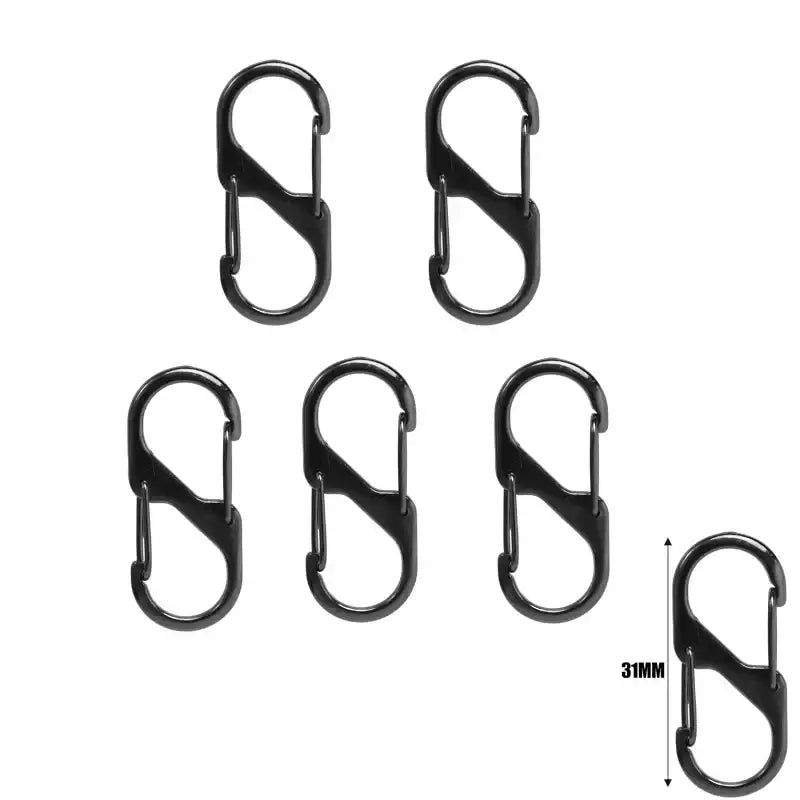 S-shaped metal carabiners with dual hooks.