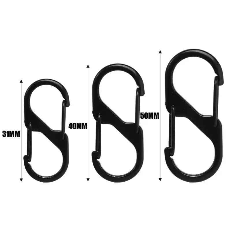 S-shaped plastic carabiners or clips in three different sizes.