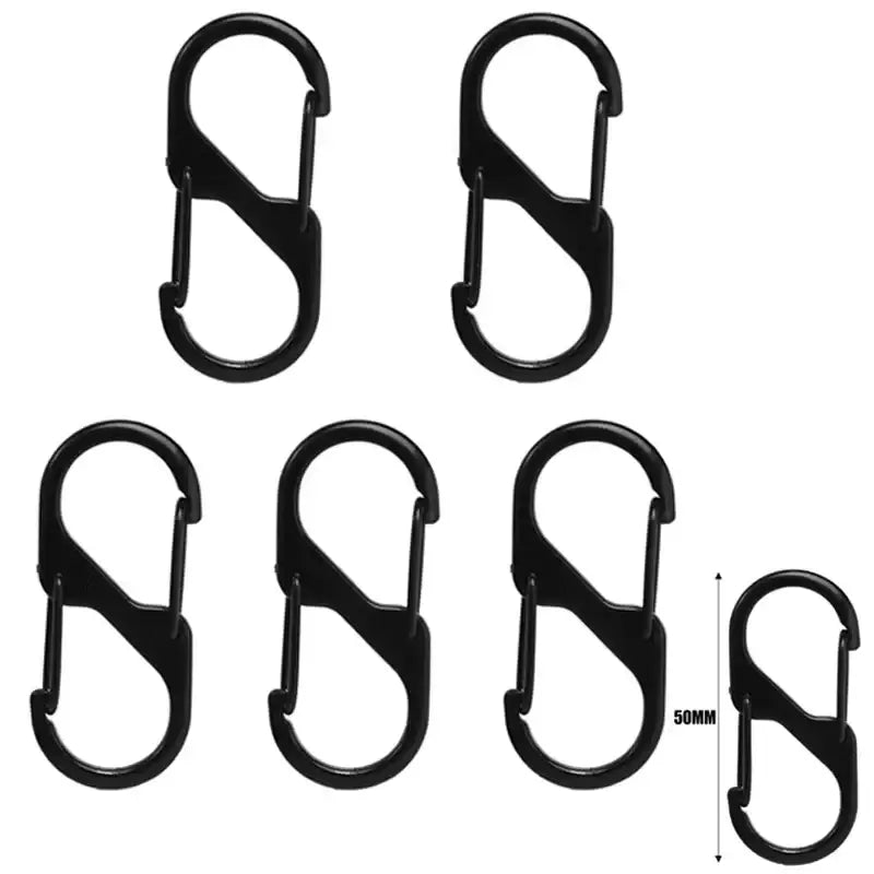 S-shaped plastic or metal carabiners with dual hooks on each end.