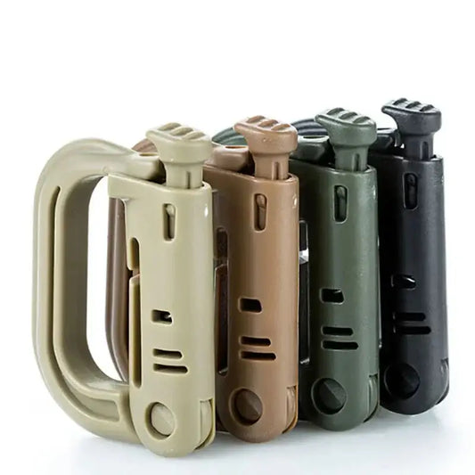 Tactical carabiners or D-ring clips in various earth-tone colors.