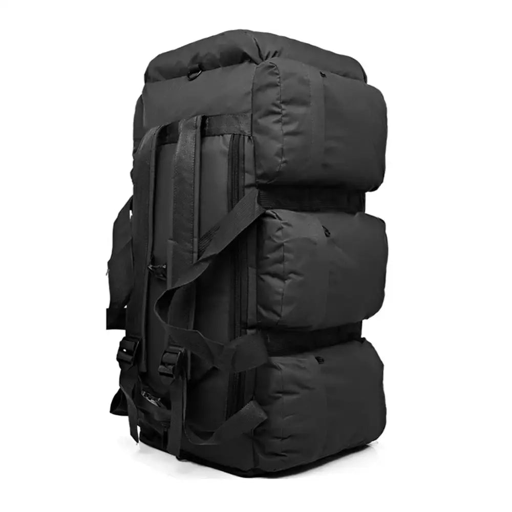 Black tactical backpack with multiple compartments and straps.